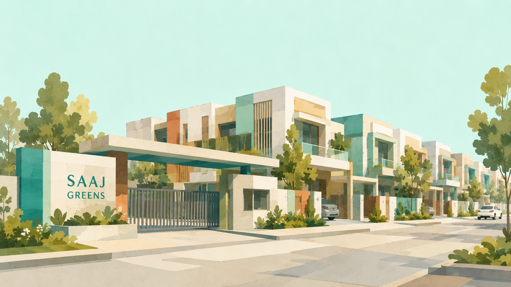 Illustration of a gated row-house community designed with Habitable